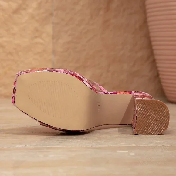 Pink Womens floral Square Toe platform Heel Sandals - Picture 6 of 6